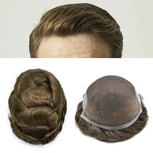 Miniatura 43 de Tupé de encaje suizo para hombres, piezas de cabello humano real, encaje frontal, sistema de reemplazo de cabello tipo tupé, nudo blanqueado, línea