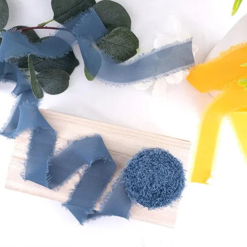 Miniatura 9 de Cintas de gasa de seda de 1.2 pulgadas x 11 yardas, cintas verdes hechas a mano con flecos para invitaciones de boda, envoltura de regalos, ramos