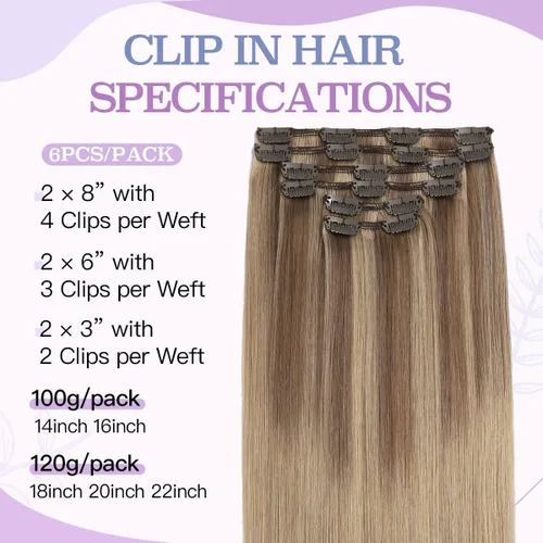 Miniatura 3 de Sindra Extensiones de cabello humano con clip, balayage #10/16/16 de color marrón dorado a rubio claro, extensiones de cabello humano Remy con clip
