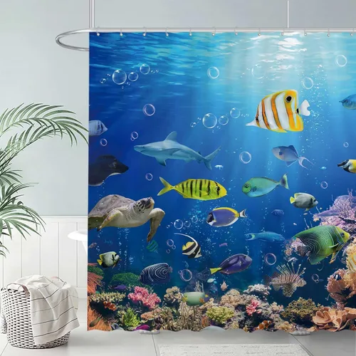 Miniatura 2 de Allenjoy Cortina de ducha de 72 x 72 pulgadas, diseño de pez oceánico, tortuga tropical, tiburón, para decoración de baño, lavable a máquina