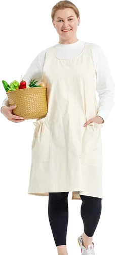 Miniatura 30 de Delantales grandes de talla grande para mujer con bolsillos de algodón y lino para hornear cocina
