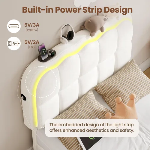 Miniatura 5 de CypBed Base de cama individual con cajones de almacenamiento y cabecero, base de cama LED tapizada de terciopelo para niños, marco de cama de metal