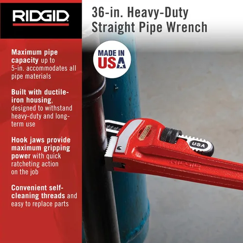 Miniatura 11 de RIDGID 31030 - Llave de tubería recta de servicio pesado, llave de fontanería resistente de 24 pulgadas con hilos autolimpiantes y mordazas