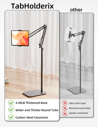 Miniatura 2 de Soporte de piso para tableta con base de metal pesado de 4.5 libras, soporte de teléfono elevado sobre la cama con ángulo y altura ajustables