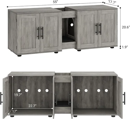 Miniatura 7 de GAOMON Caja de arena con doble jaula, casa para gatos, caja de arena oculta para 2 gatos, muebles de madera cerrada para gatos, 55 pulgadas de largo
