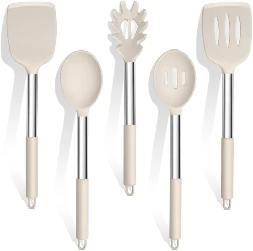 Miniatura 9 de TeamFar Juego de utensilios de cocina de silicona, 5 utensilios de cocina a prueba de calor con mango de acero inoxidable, girador/cuchara/servidor