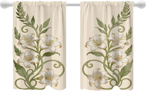 Miniatura 50 de Shrahala Art Nouveau Floral Pattern Blackout Curtain Tiers, Delicate Vine and Flower Design Kitchen Valance Light Blocking Tier Drapes with Rod