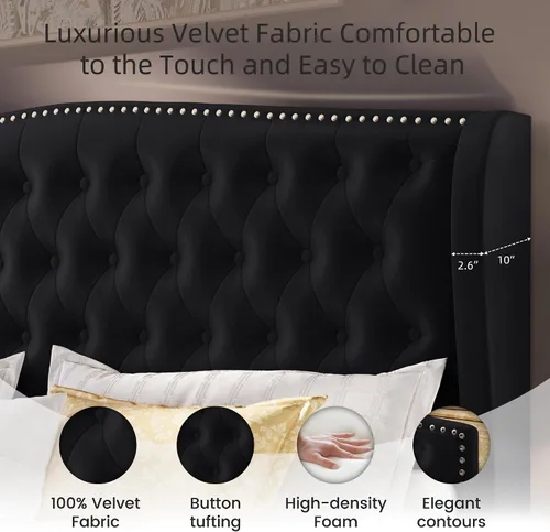 Miniatura 5 de BRELTAM Marco de cama tapizado tamaño Queen en terciopelo color beige con cabecera y pie de cama acolchados con botones profundos y soporte