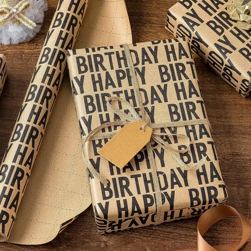 Miniatura 2 de MAYPLUSS Rollo de papel de regalo de feliz cumpleaños de los SS, envoltura de regalo de Kraft vintage Papel de regalo de 17 pulgadas x 33 pies