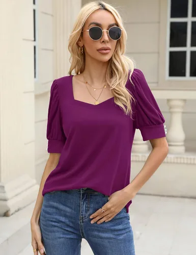Miniatura 4 de Micoson Blusas casuales de manga corta abombada, cuello cuadrado, con puños de botón