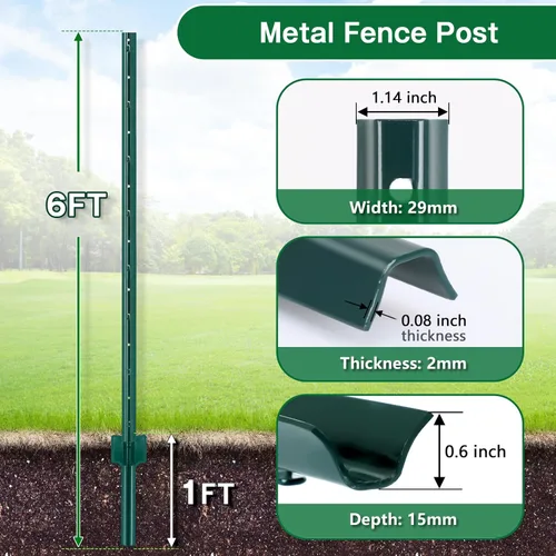 Miniatura 2 de Gtongoko Postes de valla de metal resistente de 6 pies, paquete de 10 postes de valla de canal en U con placa de anclaje, poste en T de acero verde