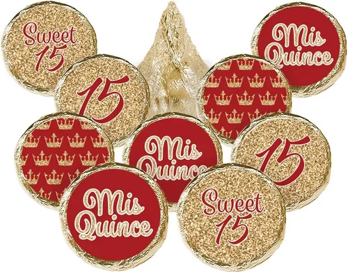 Etiquetas de recuerdo de fiesta de quinceañera, rojo y dorado - 180 pegatinas