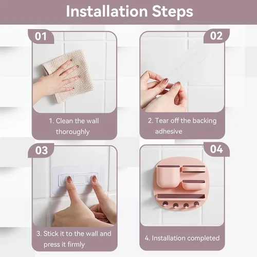 Miniatura 3 de Estante de montaje en pared, organizador de accesorios de mesita de noche con ganchos, almacenamiento adhesivo para teléfono, control remoto, Rosa