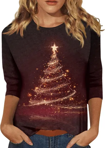 Miniatura 81 de Camisetas de manga 3/4 para mujer, cuello redondo, holgadas, casuales, con estampado floral, camisetas de moda para el trabajo de negocios