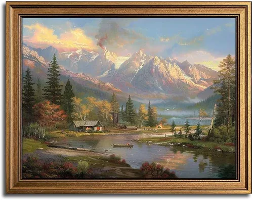 Arte de Pared Vintage con Marco Dorado, Pintura de Paisaje de Montaña de Naturaleza, Impresión en Lienzo para Dormitorio, Cocina, Sala de Estar,