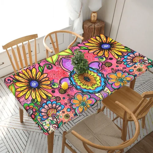Miniatura 39 de Fiokroo Mantel de Flores de Crisantemo Azul, Amarillo y Azul Marino con Borde Elástico, Mantel Redondo Lavable y Reutilizable Cubierta de Mesa