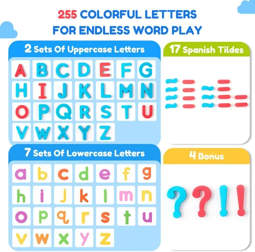 Miniatura 2 de JoyCat Kit de letras magnéticas en inglés y español para aula, 234 piezas con tablero magnético de doble cara, letras del alfabeto de espuma