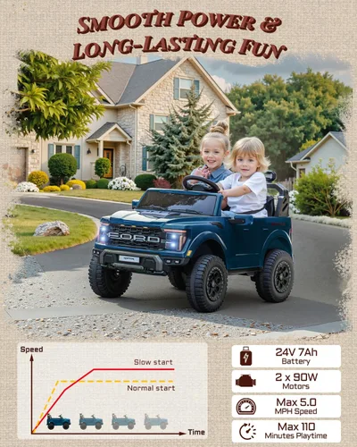 Miniatura 6 de First Ride On Ford F-150 Raptor con Licencia - Auto de Paseo de 2 Asientos para Niños, Juguetes de Paseo de 24 Voltios para Niños con Control Azul