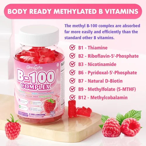 Miniatura 5 de Gomitas de complejo de vitamina B, todas las vitaminas B + metilo B12, B1, B2, B3, B5, B6, biotina, metilfolato, vitamina C, colina, inositol, PABA