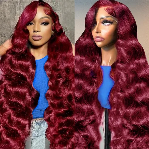 Miniatura 13 de Smabuity Pelucas de cabello humano con encaje frontal color borgoña 99J, peluca de cabello humano rojo burdeos, pelucas de encaje frontal HD de 13 x
