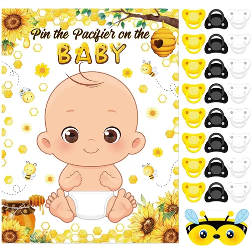 Miniatura 11 de Faccito Pin The Chupete - Juego de baby shower, decoración de fiesta de baby shower, incluye póster grande, 24 calcomanías para chupete, juego