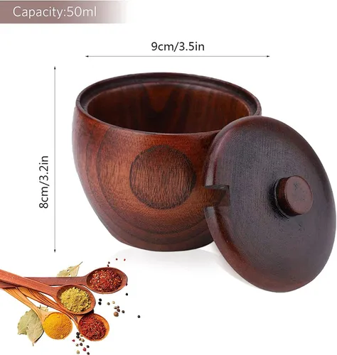 Miniatura 5 de Caja de sal de madera maciza para condimentos, contenedor de almacenamiento con cuchara y tapa, azucarero de cocina redondo para especias para sal