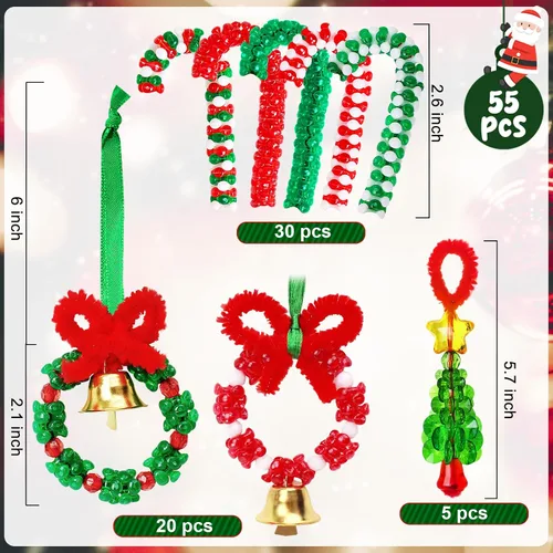 Miniatura 3 de Manualidades Navideñas para Adultos y Niños, Kit de Adornos Navideños con Cuentas de 55 Piezas, Incluye 20 Piezas de Corona con Campana/5 Piezas