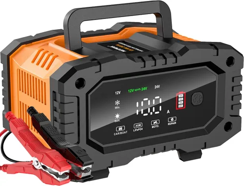 NEXPEAK NC202 Cargador de Batería de 10 Amperios, Cargador de Batería Portátil para Automóvil de 12V 24V LiFePO4 Ácido de Plomo, Cargador por Goteo