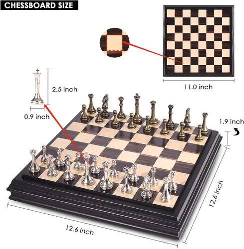Miniatura 7 de AMEROUS Juego de ajedrez de madera de 12.5 pulgadas con piezas de ajedrez de metal, juego de mesa clásico con rey de 2.5"/almacenamiento para piezas