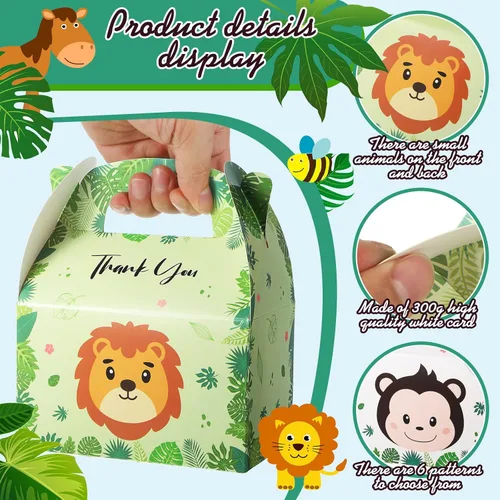 Miniatura 5 de Marspark 24 piezas de caja de regalo de fiesta de animales, bolsas de zoológico, caja de regalo para niños, baby shower, temática de selva