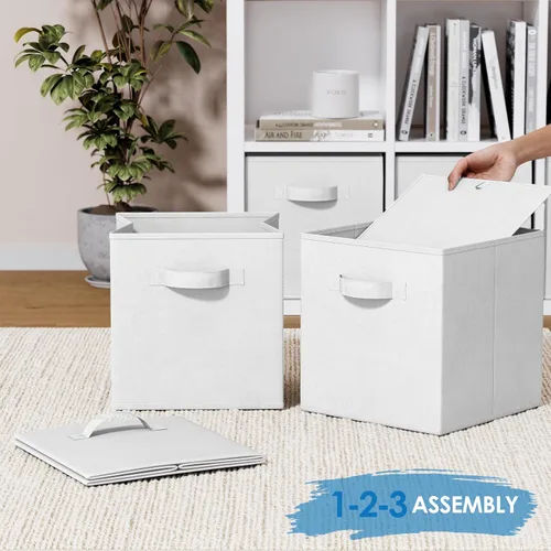 Miniatura 6 de Juego de 8 cubos de almacenamiento cestas plegables de tela con asas duales. Cubos de almacenamiento Organizador de estantes de armario Blanco