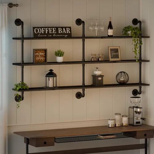 Miniatura 50 de HDDFER - Estantería industrial para tuberías rústicas en blanco, estantes de pared de tubería industrial con tablas de madera, estantes flotantes