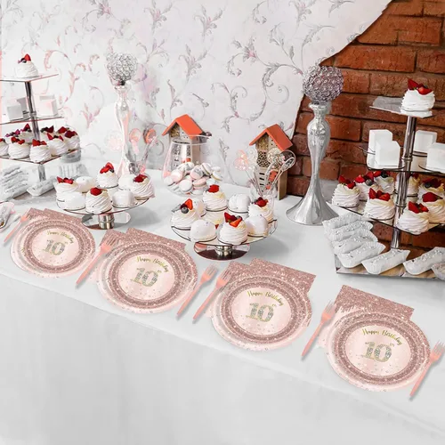 Miniatura 7 de Juego de 24 platos y servilletas, tenedores, suministros de fiesta de cumpleaños para niñas de 10 años de edad, desechables, color oro rosa, 24