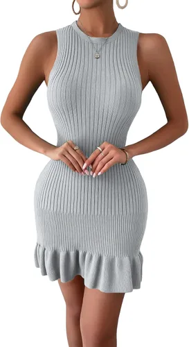 SOLY HUX Vestido ajustado sin mangas para mujer, de punto acanalado, dobladillo con volantes, ajustado, fruncido, elástico, mini vestido sin mangas