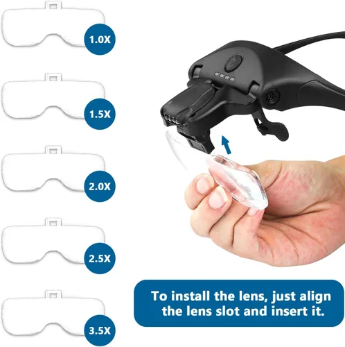 Miniatura 8 de Lupa para diadema con 4 luces LED, lupa de cabeza recargable con 5 lentes desmontables 1.0X, 1.5X, 2.0X, 2.5X 3.5X - Lupa iluminada manos libres