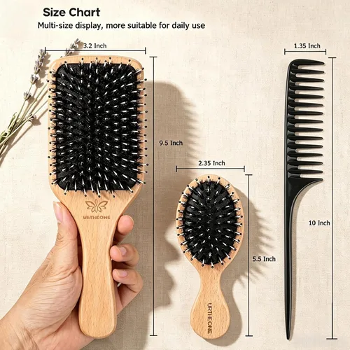 Miniatura 7 de Juego de cepillo y peine de cerdas de jabalí para mujeres, hombres y niños, el mejor cepillo de pelo de paleta de madera natural y cepillo