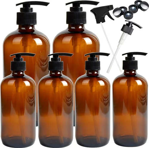 Youngever Paquete de 6 botellas de vidrio vacías, 2 paquetes de 16 onzas y 4 botellas de bomba de 8 onzas, dispensador de jabón, recipientes