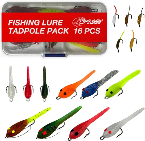 DELONG LURES Paquete de 16 señuelos de pesca para renacuajo, señuelos preaparejados para lubina, crappie, branquia azul y aparejos de pesca de