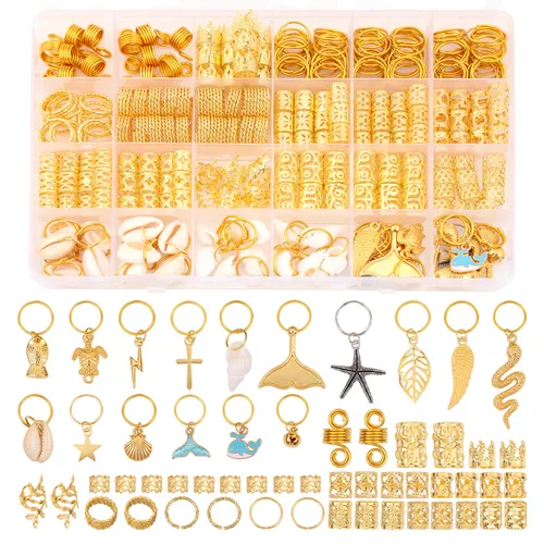 Miniatura 9 de Leeven 173 piezas de joyería de rastas de rastas de cristal, joyería dorada para el cabello para trenzas, rastas para el cabello, dijes para rastas