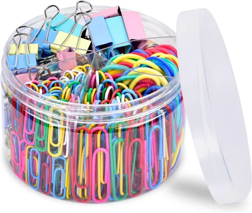 Sopito - Clips para papel, 300 clips de papel, varios tamaños (S/M/L) y bandas de goma, juego de suministros de oficina de colores, suministros