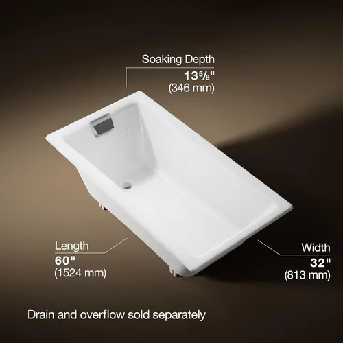 Miniatura 3 de KOHLER 850-0 Tea-for-Two - Bañera de hierro fundido de 60 x 32 pulgadas, para alcoba o empotrada, diseño espacioso, superficie antideslizante