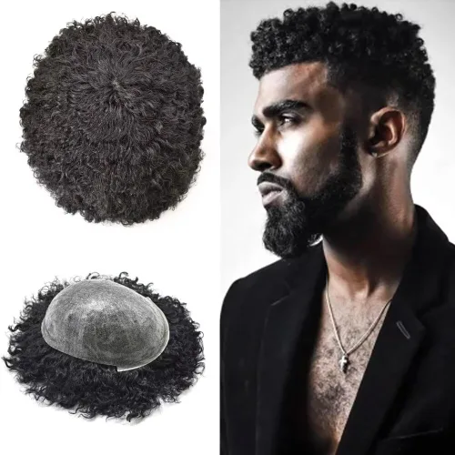 Miniatura 9 de Unidades de cabello para hombres negros Sistema de reemplazo de cabello humano brasileño Afro Coily Kinky Curly Hair Piece Inyección Piel PU Afro