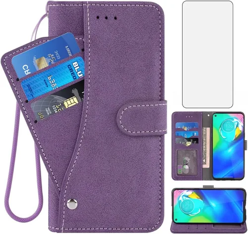Asuwish Funda tipo cartera compatible con Moto G Power 2020 y protector de pantalla de vidrio templado, soporte para ranura para tarjeta de crédito,