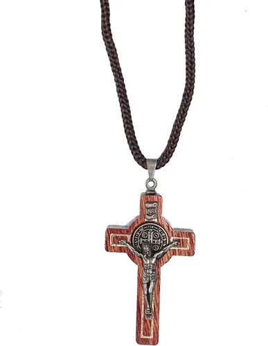 Miniatura 8 de Catholica Shop Collar con medalla de San Benito de madera con crucifijo en cordón para hombres y mujeres – Colgante religioso hecho a mano