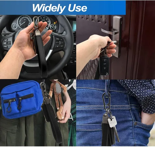 Miniatura 5 de Llavero de cuero genuino para hombre y mujer, giratorio de 360 grados, con anillo en D antipérdida, clip de mosquetón y 4 llaveros, oscuro y negro
