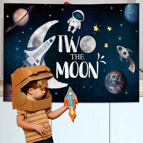 Miniatura 5 de AIBIIN 7x5ft Two the Moon Bckdrop Espacio Exterior Boy 2º cumpleaños Fotografía Fondo Universo Galaxia Cielo Planeta Estrellas Decoraciones