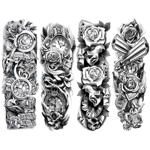 4 hojas de tatuajes temporales de brazo completo para adultos, color rosa pistola de tatuajes, impermeables, arte corporal de larga duración para el