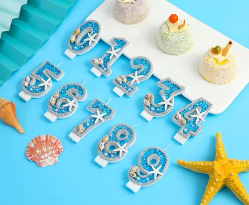 Miniatura 6 de Vela de cumpleaños número 0 3D número 0 para decoración de pastel para niños y niñas, niños pequeños bajo el océano, tema azul mar, fiesta