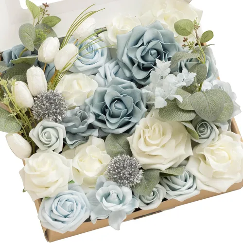 Miniatura 46 de Ling's moment Caja de Flores Falsas, Tallos de Vegetación Artificial Falsa Rosas de Espuma Dalias de Seda Hojas de Rosa Flor de Tela para Centros