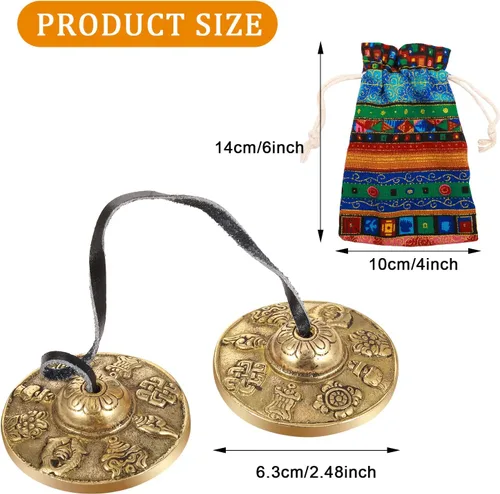 Miniatura 2 de Boao Campanas tibetanas Tingsha, platillos de meditación con bolsa de tela con cordón tibetano, timbre de meditación para instrumentos de percusión